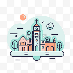 一座图片_白色背景的城市，中间有一座教堂