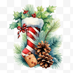 圣诞节海报袜子图片_水彩圣诞袜子与冷杉树枝