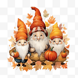 感恩海报图片_可爱的三个感恩节小矮人拿着南瓜