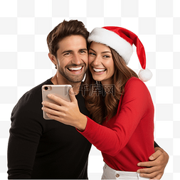 浪漫情侣拍照图片_戴着圣诞帽拥抱微笑的丈夫和妻子