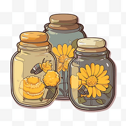 卡通蜜蜂罐子图片_三个带有黄色花朵和一只小蜜蜂的