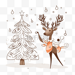 线描手绘插画图片_圣诞树和跳舞的驯鹿矢量图