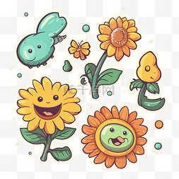 恶作剧的弹簧图片_可爱的卡通贴纸与向日葵和其他花