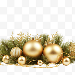 冷杉树枝上有小玩意的金色圣诞问