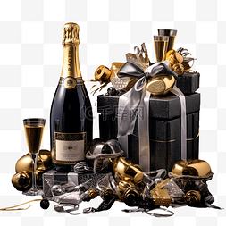 酒礼盒图片_圣诞礼物篮，配有香槟和黑色礼物