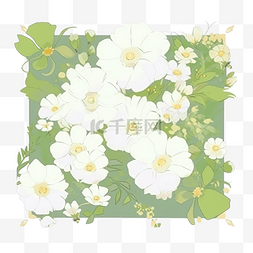 绿色明信片卡片图片_白色波斯菊和绿色绣球花，金色框