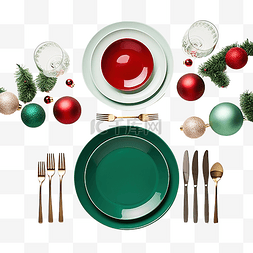盘子盘子图片_平躺，圣诞餐桌布置为绿色和红色
