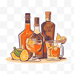 卡通矢量背景素材图片_酒剪贴画酒精在瓶子和眼镜上隔离