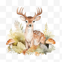 可爱圣诞节麋鹿图片_秋季驯鹿与蘑菇一起躺下的水彩画