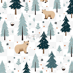 圣诞节动物矢量图图片_圣诞节无缝图案设计与熊和树矢量