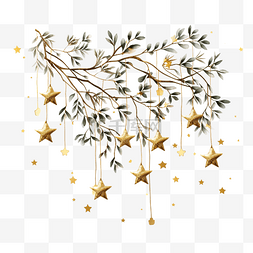 快乐圣诞贺卡，有树枝和金色星星