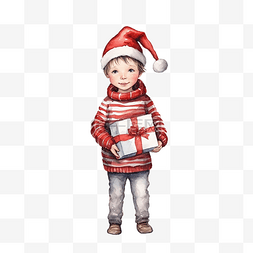 一个戴着圣诞帽和睡衣的小男孩站
