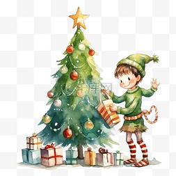 新年快乐插图图片_圣诞树灯和精灵的水彩插图