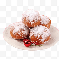 圣诞甜甜圈图片_红餐巾上有糖粉的球甜甜圈和圣诞