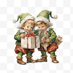 糖果盒卡通图片_贺卡圣诞微型精灵正在包装大礼袋
