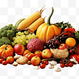 感恩节，餐桌上摆着水果和蔬菜，