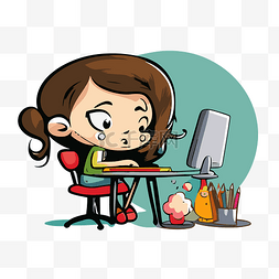 女孩坐在电脑前图片_应用剪贴画漫画卡通女孩坐在电脑
