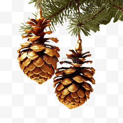 圣诞树装饰的特写，树枝上有金色