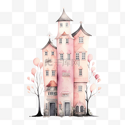 高大的浅粉色卡通房子素描水彩画