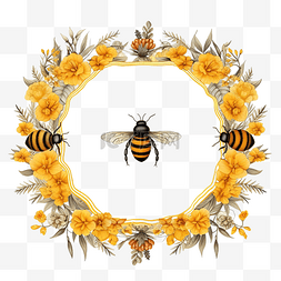蜂窝装饰图片_蜜蜂和花卉圆框彩色png插图