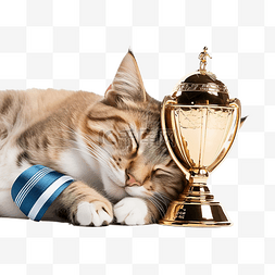 滑冰猫图片_可爱的猫睡在世界杯奖杯上png