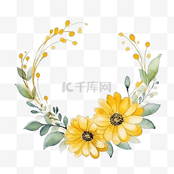 树叶水彩图片_圆框黄花花卉水彩与金圆