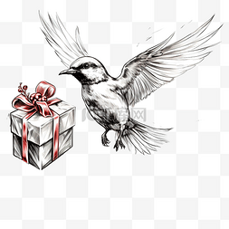 手绘喜庆鸟飞翔与圣诞礼物概念草