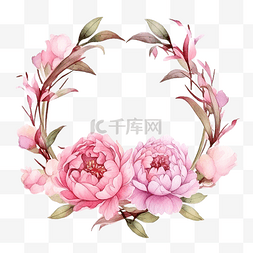 水彩牡丹花环图片_棕色干树枝花环框架上的水彩粉色