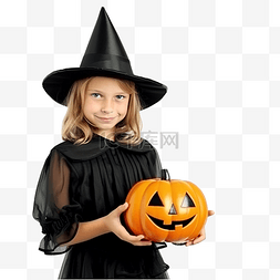 小孩抱南瓜图片_滑稽的孩子穿着女巫服装拿着南瓜