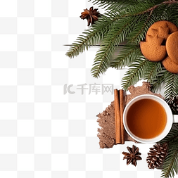 一杯茶和饼干图片_圣诞香气组合物，包括云杉树枝香
