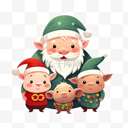 猪图片_平面圣诞快乐插图与圣诞老人和两