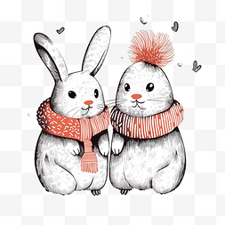 几只兔子在爪子和雪中爱着心