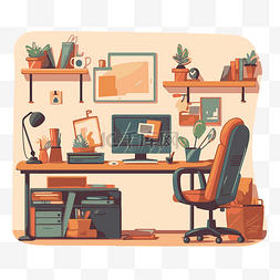 现代办公桌与植物和办公桌卡通的