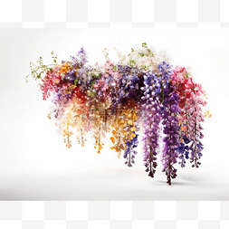 紫藤花长廊图片_紫藤花束，有多种颜色，背景为白