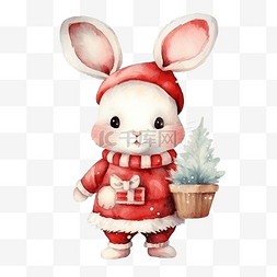 圣诞节动物插画图片_可爱的兔子在圣诞老人服装水彩圣
