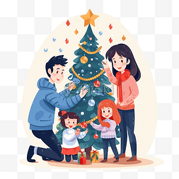 插画童年图片_幸福的家庭装饰圣诞树