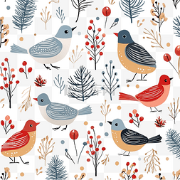 圣诞装饰无缝图案与鸟类和冬季元