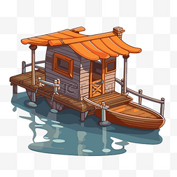 浮桥剪贴画木制小屋与屋顶在水上