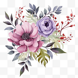 桃紫色背景图片_水彩花卉花束带轮廓叶子装饰免费