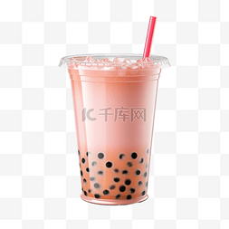 吸管带杯子图片_塑料杯中的粉色奶茶泡沫，带吸管