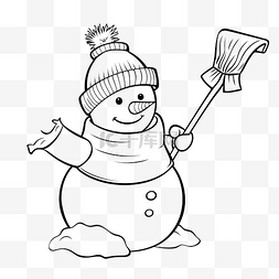 矢量手绘线条男人图片_概述了可爱的雪人卡通人物用铲子