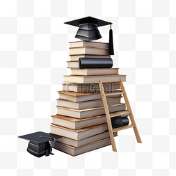 用于学习的书堆和通往毕业帽的梯