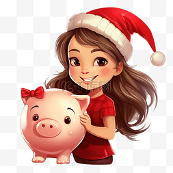 人小猪存钱罐图片_拿着大存钱罐庆祝圣诞假期的女孩