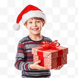 戴着圣诞老人红帽的快乐孩子收到