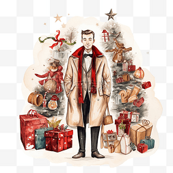 圣诞卡通装饰品图片_外套里有圣诞快乐装饰品的先生的