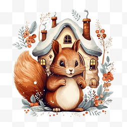 有家的图片_圣诞插画，有可爱的松鼠和舒适的