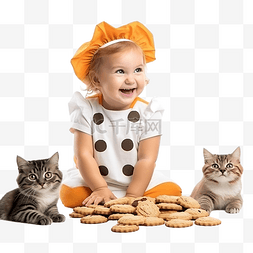 一个穿着小猫服装的快乐女婴正在