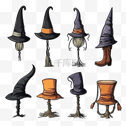 不同的女巫腿从帽子和大锅中伸出