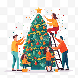 卡通家庭男图片_幸福的家庭装饰圣诞树人们准备节