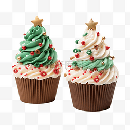 圣诞树纸杯蛋糕图片_木桌上有圣诞形状和装饰品的纸杯